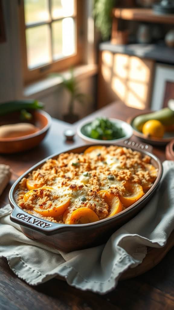 Delicious gluten-free squash casserole served in a baking dish.