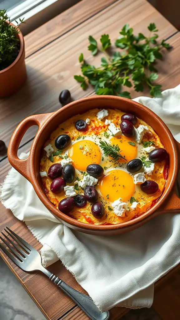 A baked egg dish with feta cheese, olives, and herbs in a ceramic dish.