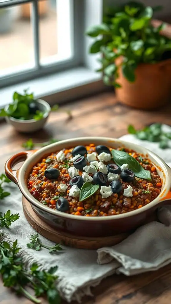 A bowl of Greek-inspired lentil bake topped with feta cheese, olives, and fresh herbs.