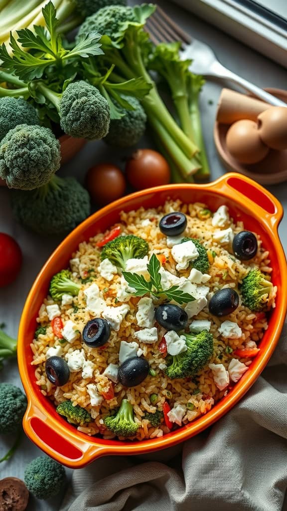 A colorful Greek-style broccoli rice casserole topped with feta and olives, served in a vibrant dish.