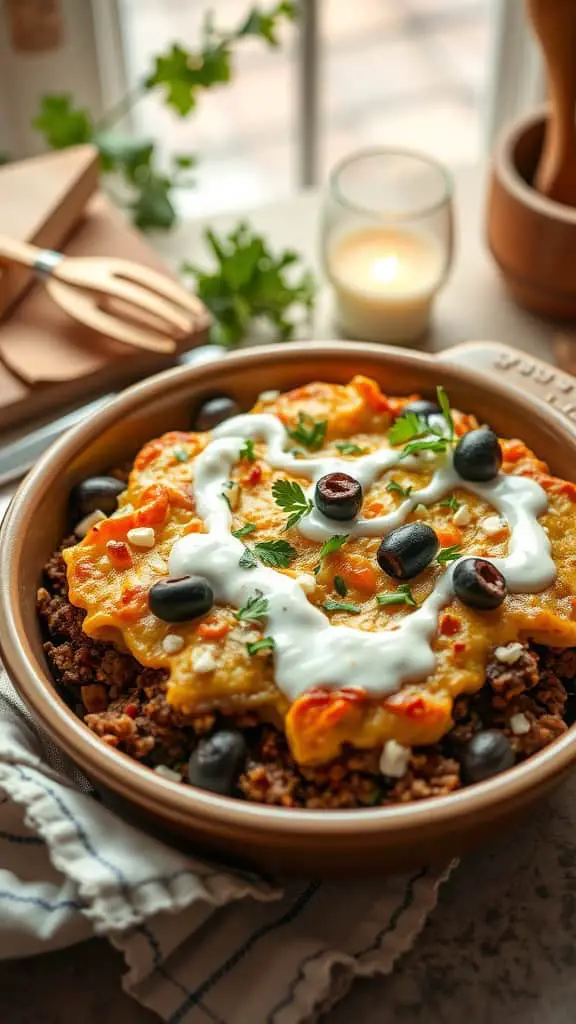 A delicious Greek Cheeseburger Casserole topped with feta cheese and olives.