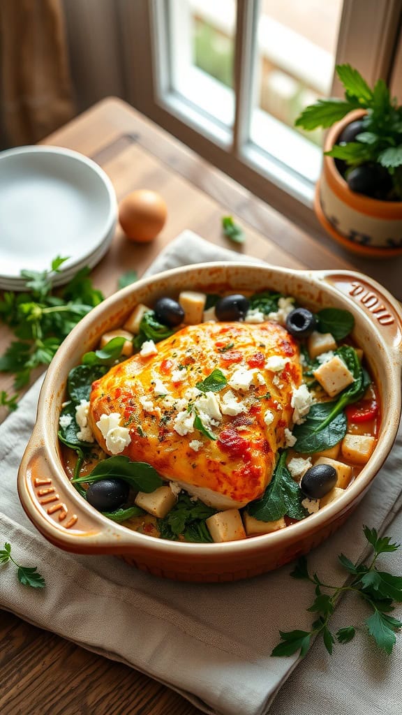 A delicious Greek chicken casserole filled with spinach, feta, and olives.