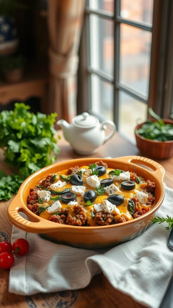 A delicious and hearty Greek hamburger casserole with ground beef, feta cheese, olives, and spinach.