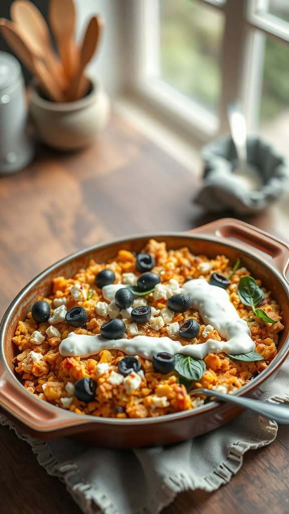 A colorful Greek Hashbrown Casserole topped with feta cheese, olives, spinach, and a drizzle of tzatziki sauce.