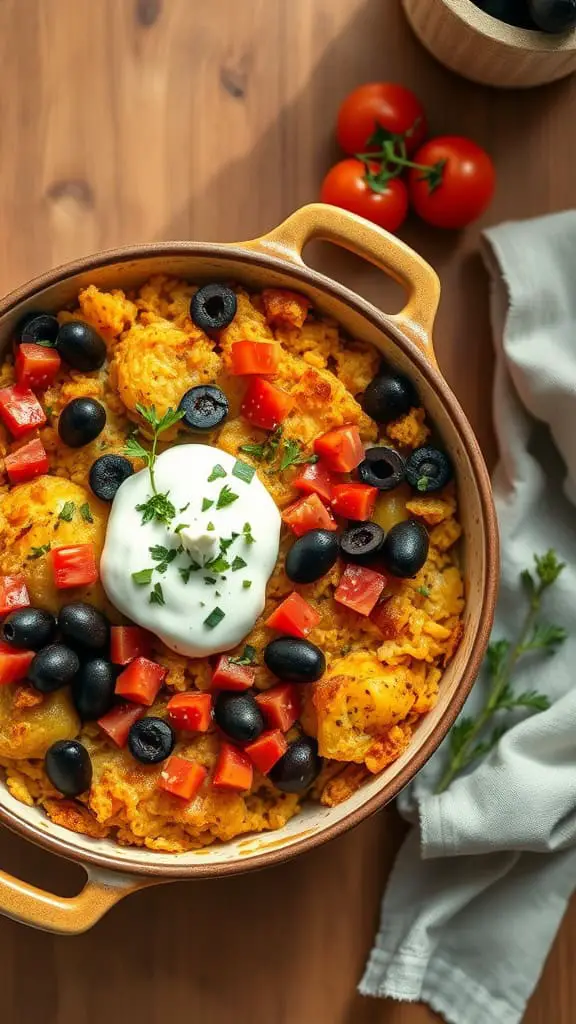 A delicious Greek hashbrown casserole topped with olives, tomatoes, and tzatziki.