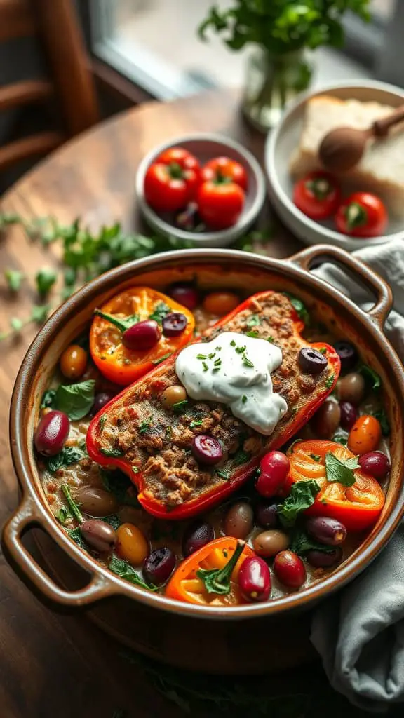 A delicious Greek Style Stuffed Pepper Casserole with olives, spinach, and tzatziki