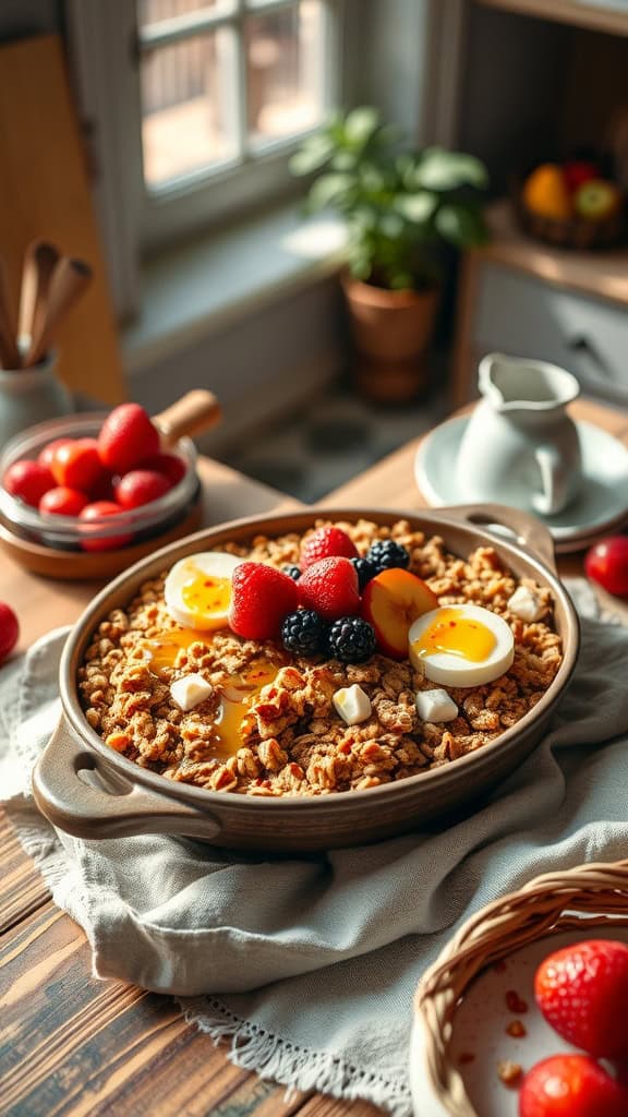 A delicious Greek Yogurt Granola Bake topped with fresh fruits.