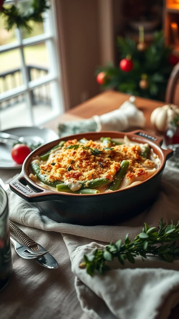 A delicious Green Bean Alfredo Casserole topped with crispy fried onions and melted cheese.