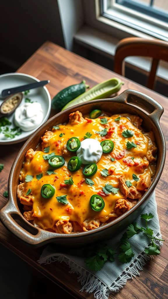 Green Chile Chicken Enchilada Casserole topped with cheese and jalapenos