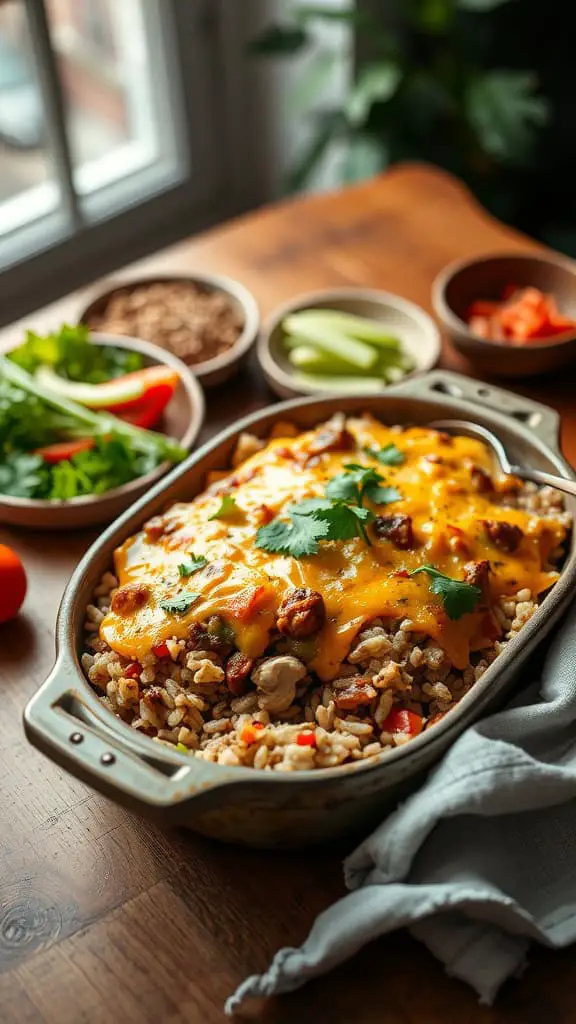 Baked Green Chile Chicken Rice Casserole with cheese and garnished with cilantro