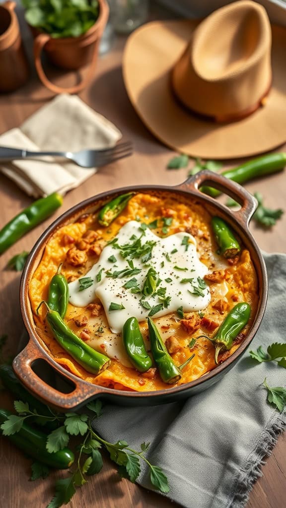 A delicious Green Chile Cowboy Casserole dish topped with cheese and green chiles