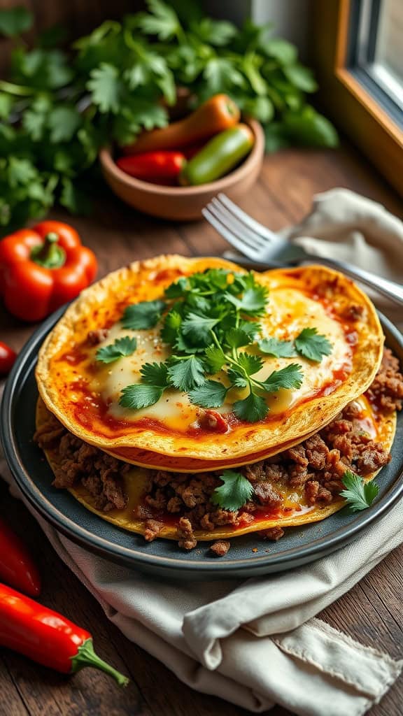 A delicious Green Chile Taco Casserole with layers of tortillas, ground beef, and cheese, garnished with cilantro.