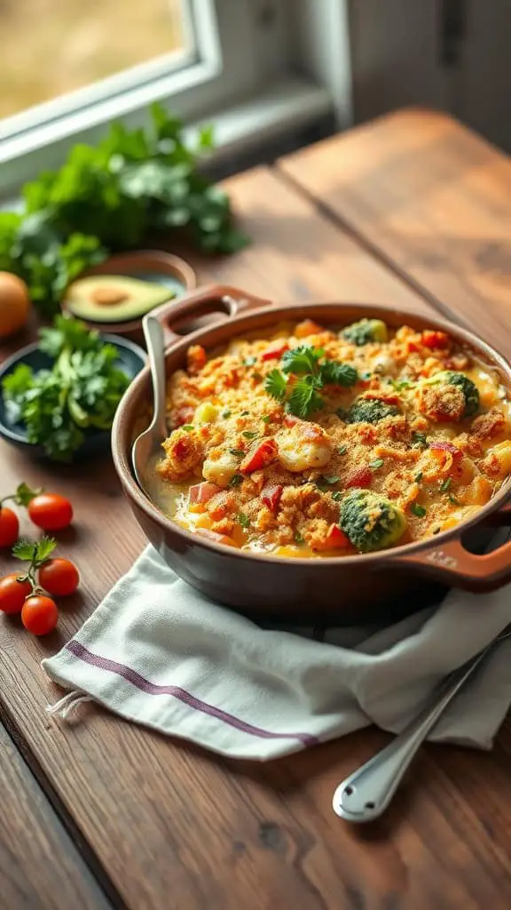 A delicious ham and broccoli casserole with a golden breadcrumb topping.