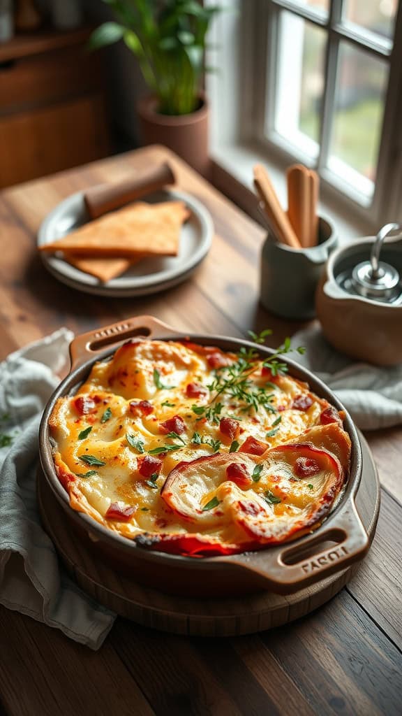 Delicious ham and cheese breakfast strata casserole with layers of bread, ham, and melted cheese.