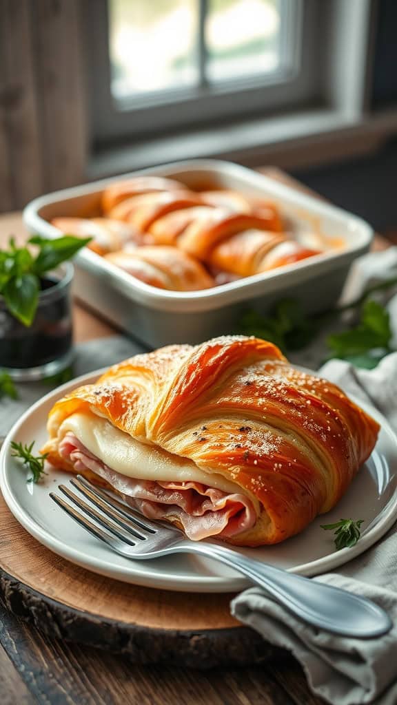 A serving of ham and Swiss croissant bake on a plate with a fork beside it.