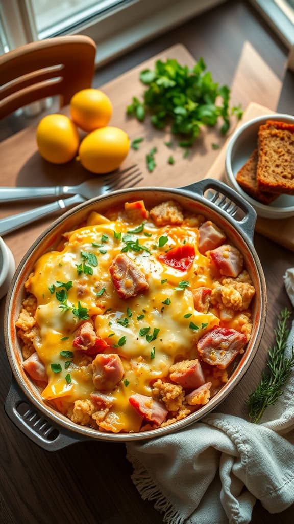 A warm ham and Swiss hashbrown casserole topped with melted cheese and parsley, perfect for brunch.