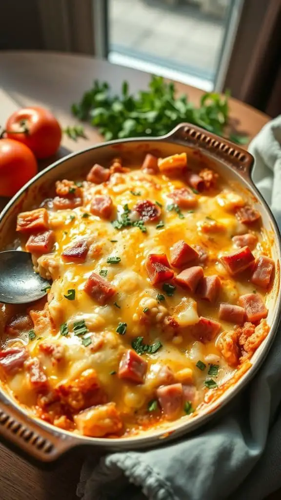 A creamy baked casserole featuring hashbrowns, diced ham, and Swiss cheese.