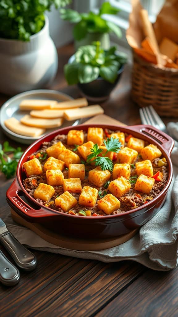 A delicious Hamburger and Tater Tot Casserole topped with crispy tater tots and surrounded by fresh herbs.