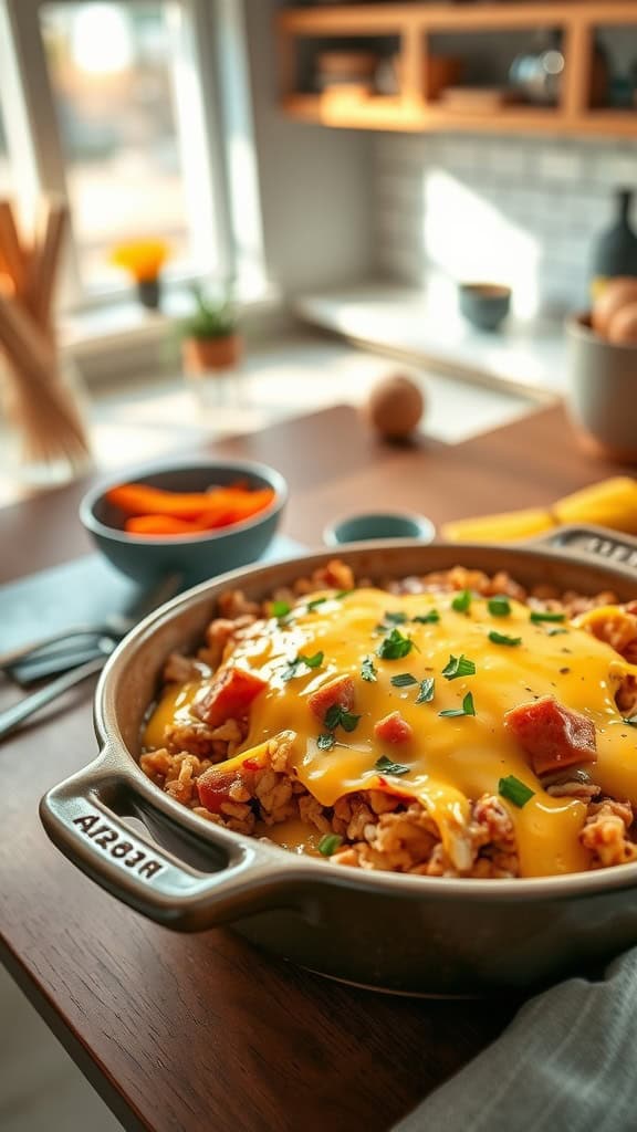 A delicious hashbrown and ham casserole topped with melted cheddar cheese and garnished with green onions.