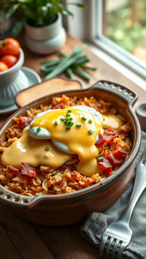 A delicious hashbrown benedict casserole topped with creamy hollandaise sauce, poached eggs, and Canadian bacon.