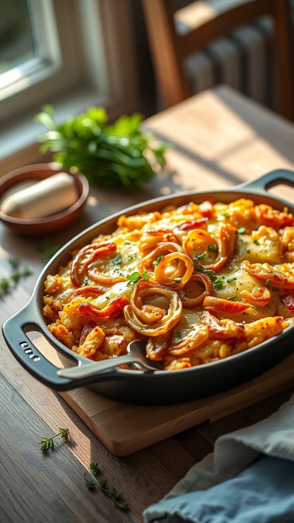 Delicious hashbrown casserole topped with caramelized onions and cheese