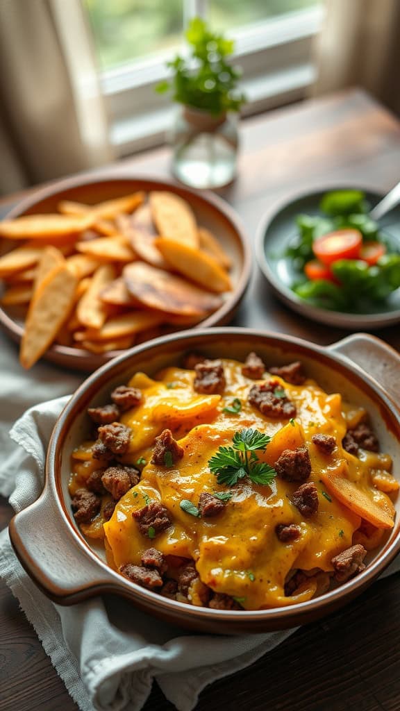 A delicious hashbrown casserole with ground beef and melted cheese on top, served with sides.