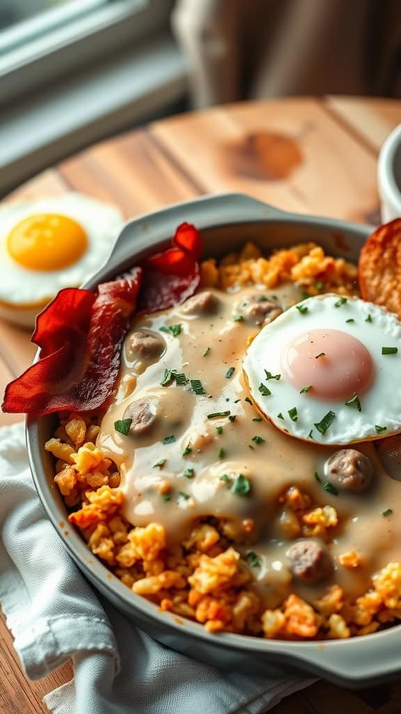 Delicious hashbrown casserole topped with sausage gravy, served with a fried egg and crispy bacon.