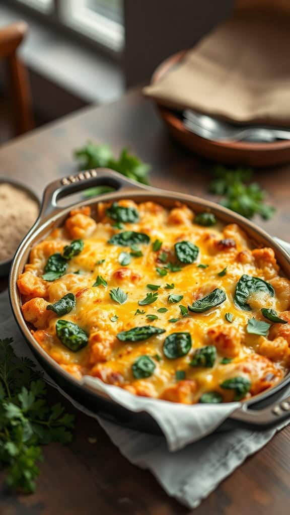 A delicious hashbrown casserole with spinach and artichoke, topped with cheese and parsley.