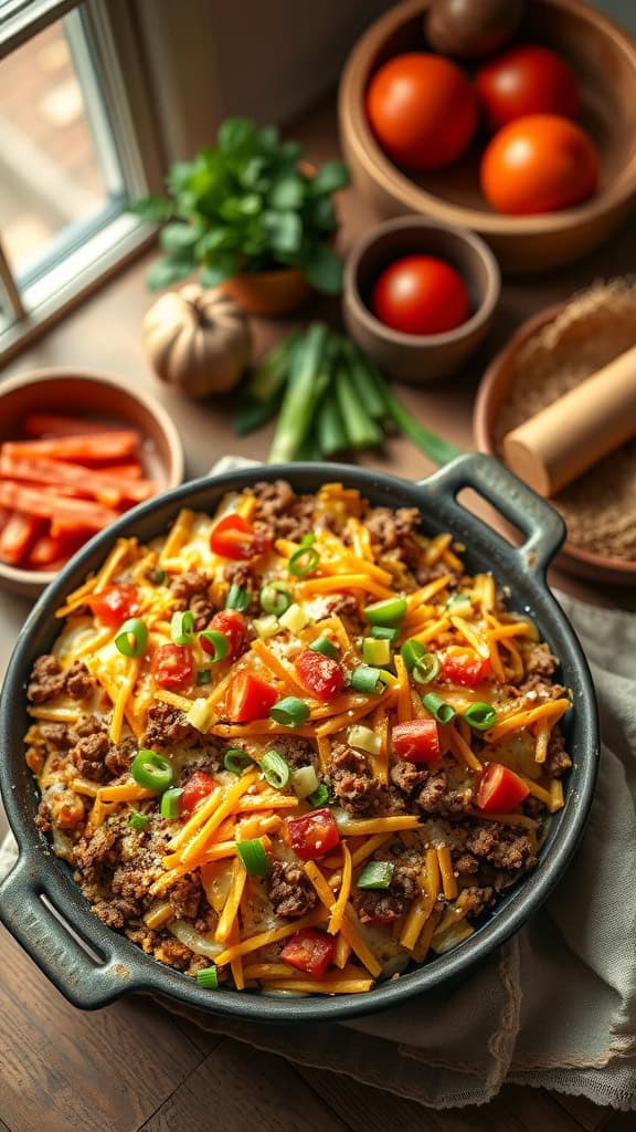 A delicious hashbrown taco casserole with ground beef and cheddar cheese