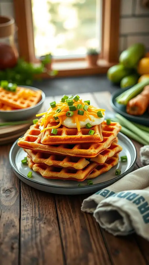 A plate of hashbrown waffles stacked with cheese and green onions, ready to be served.