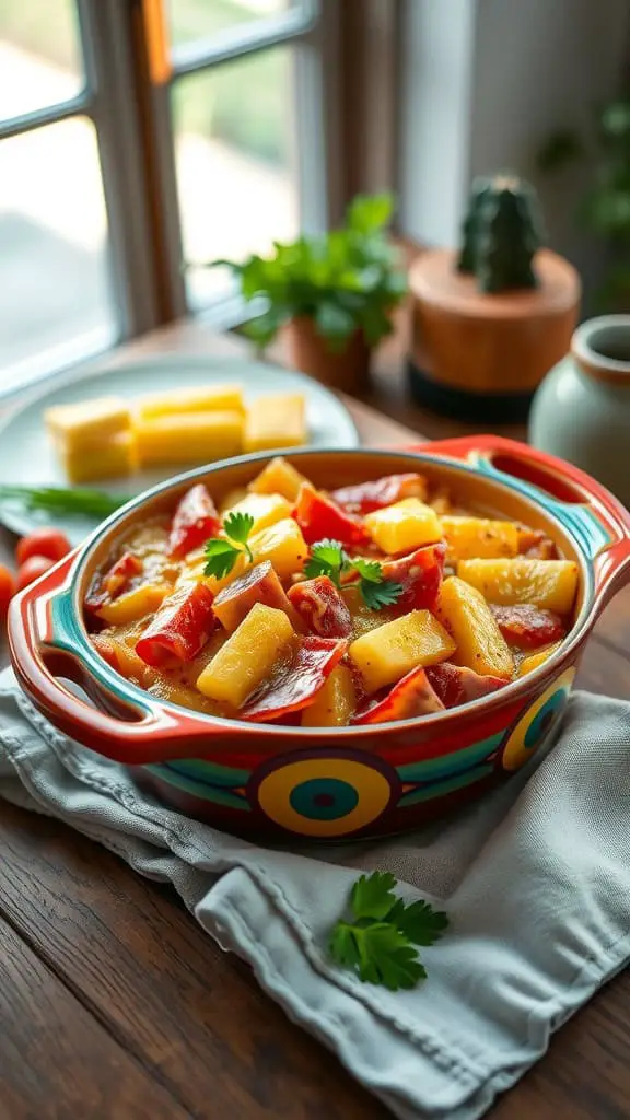 A colorful casserole dish filled with pineapple, ham, and cheese, reflecting a tropical theme.