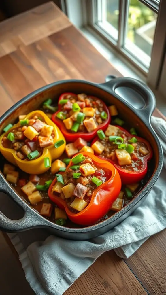 A colorful Hawaiian style stuffed pepper casserole with ham, pineapple, and teriyaki glaze.