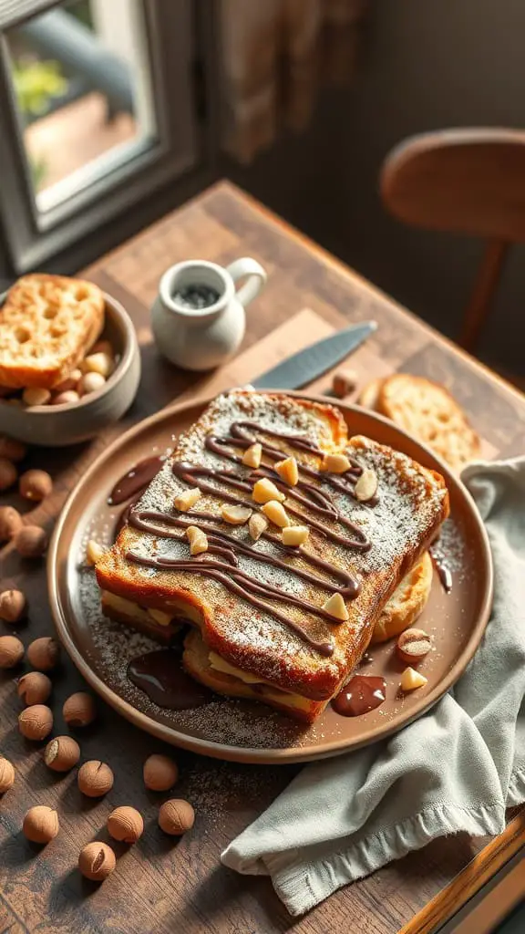 A delicious serving of Hazelnut Chocolate French Toast Casserole topped with chocolate drizzles and chopped nuts.