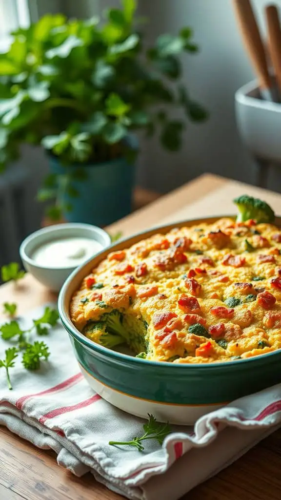 A healthy broccoli casserole topped with breadcrumbs and garnished with fresh herbs.