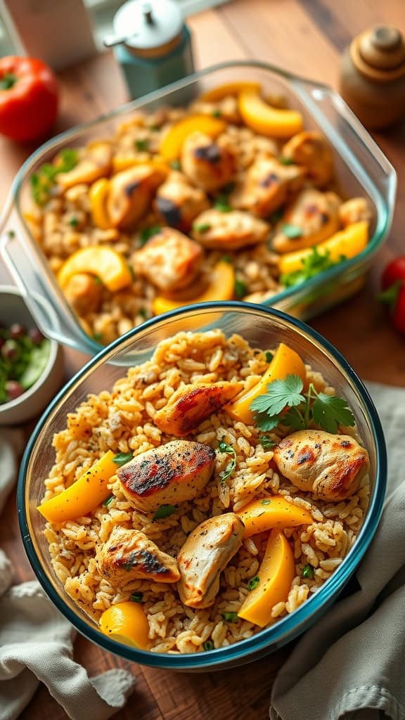 A healthy chicken and squash rice casserole served in a glass dish, featuring bright squash and grilled chicken pieces.