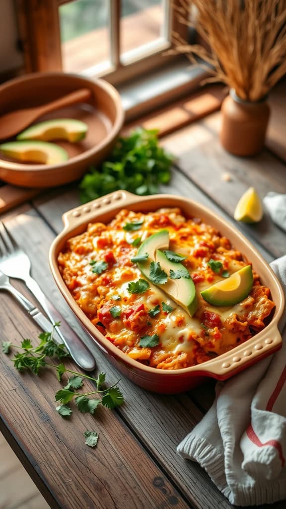 A healthy chicken enchilada casserole with whole wheat tortillas and reduced-fat cheese garnished with avocado and cilantro.