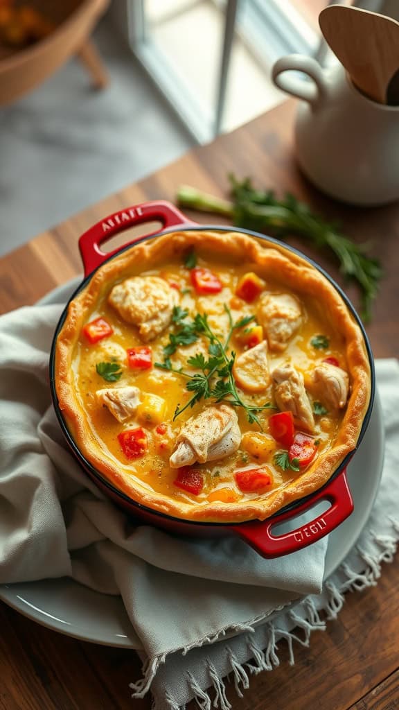 A healthy chicken pot pie casserole with a whole wheat crust and colorful vegetables.