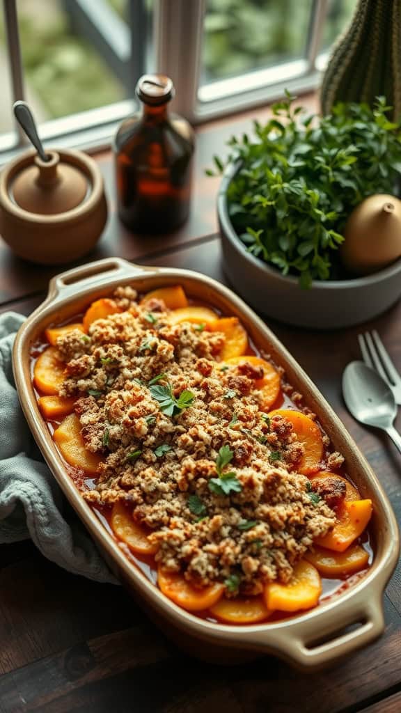 A delicious serving of healthy squash casserole topped with breadcrumbs and herbs.