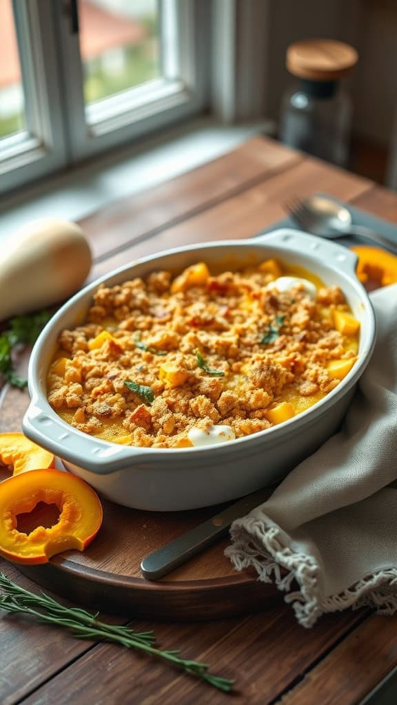 A healthy squash casserole with a golden topping, served in a white dish.