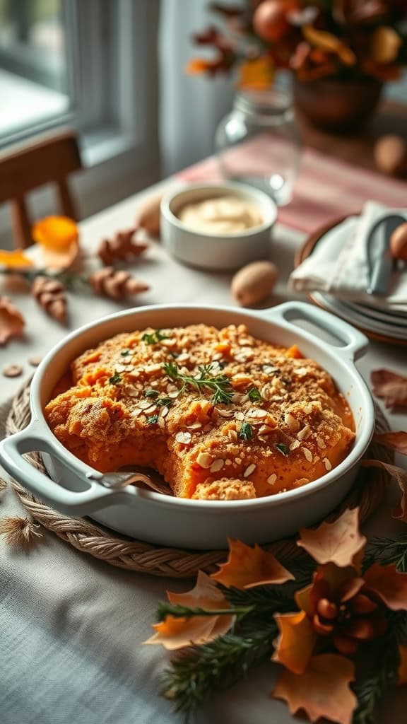 Healthy sweet potato casserole with almond flour topping