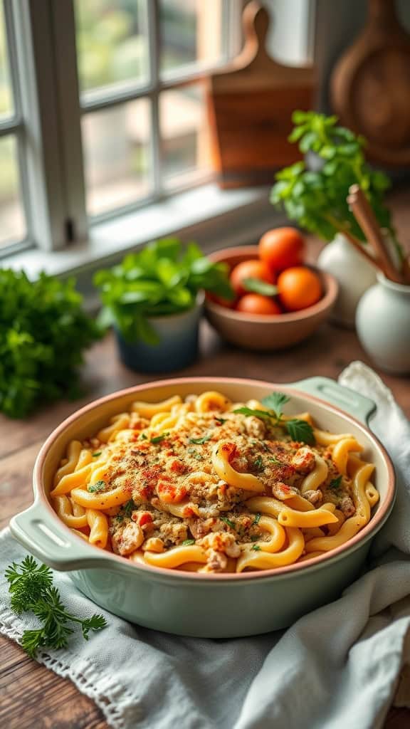 A healthy tuna noodle casserole made with whole wheat pasta and topped with breadcrumbs.