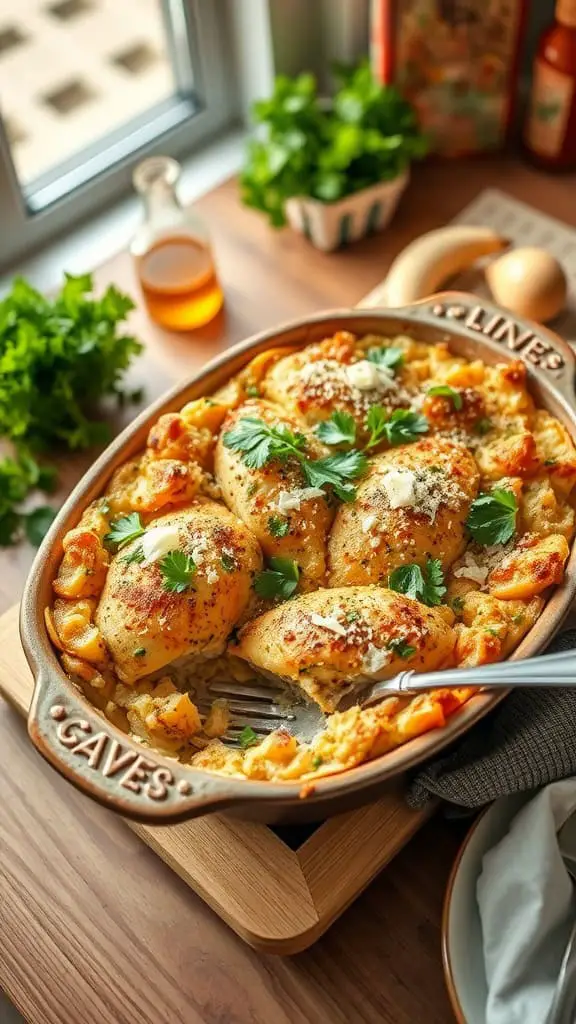 A delicious herb-crusted chicken cordon bleu casserole with melted cheese and fresh herbs.