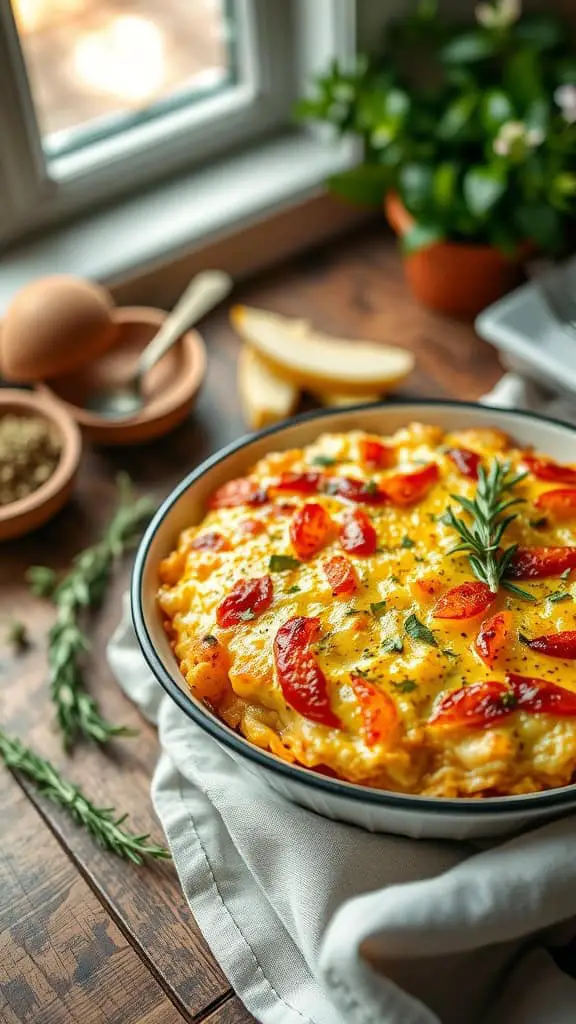 A delicious Herbed Goat Cheese Hashbrown Casserole topped with fresh herbs