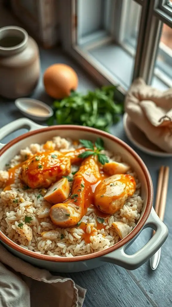 A bowl of honey mustard chicken rice bake with tender chicken and rice.