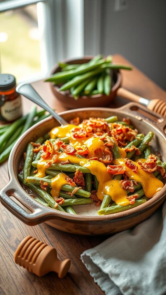 Delicious Honey Mustard Green Bean Casserole served with a crunchy topping.