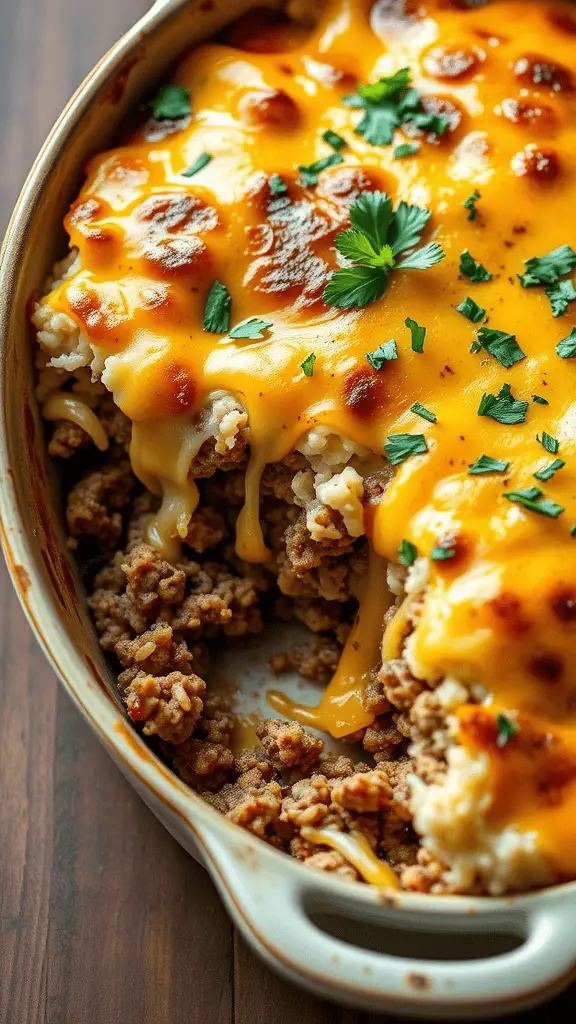 Keto Cheeseburger Casserole - A low-carb option with cauliflower rice, ground beef, and gooey cheese baked together