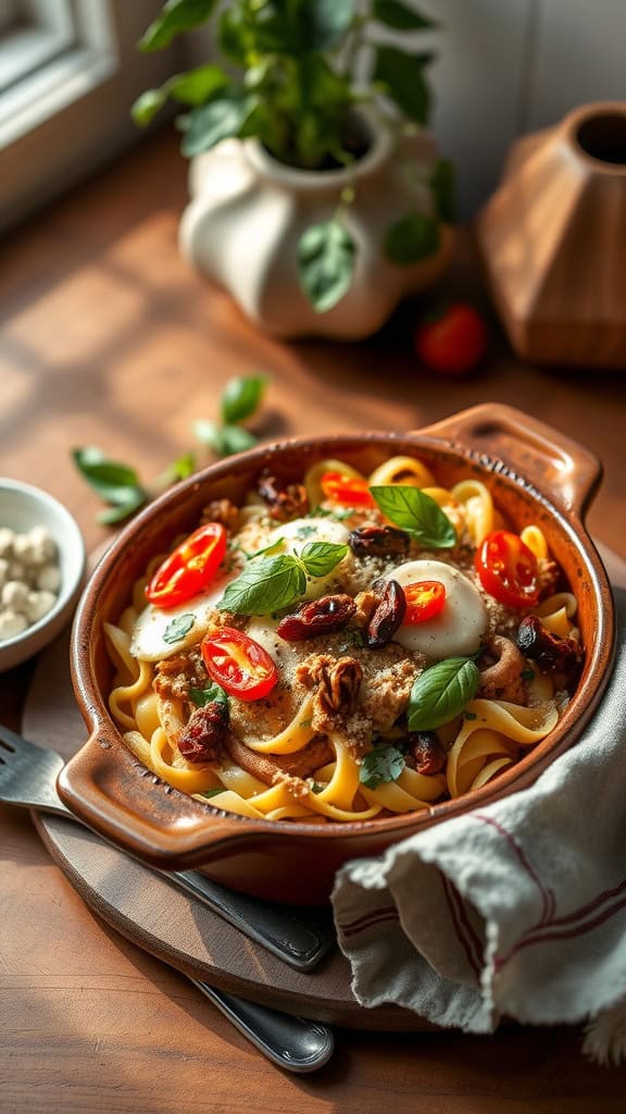 Italian-Style Tuna Noodle Casserole with sun-dried tomatoes and mozzarella cheese