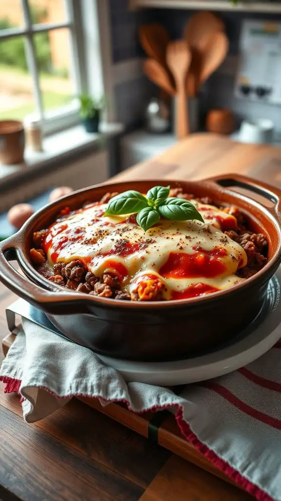 An Italian-style cheeseburger casserole with marinara sauce and melted cheese.