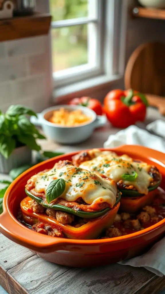 Italian Herb Stuffed Pepper Casserole with sausage, marinara, and mozzarella