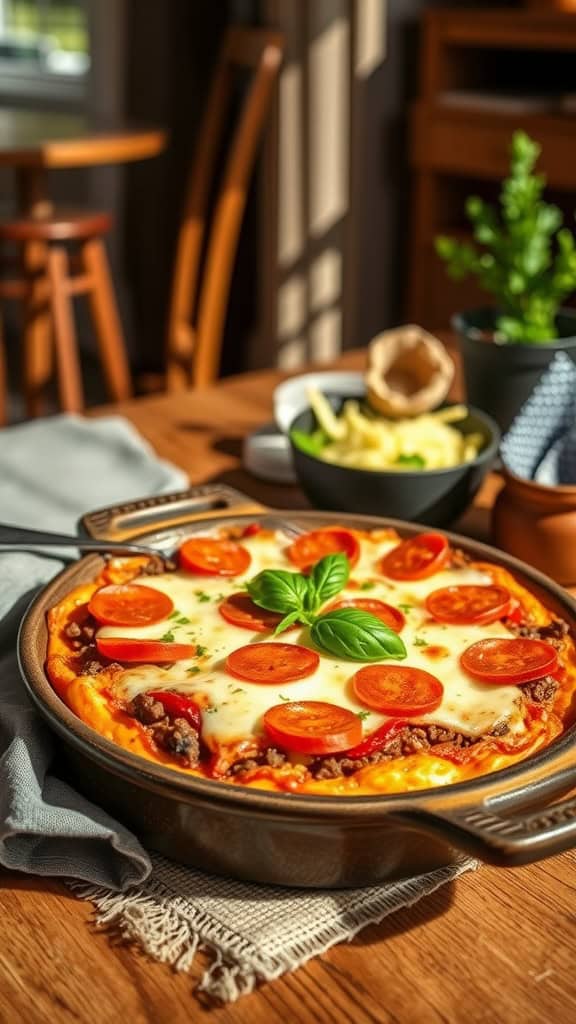 A delicious Italian Pizza Hamburger Casserole with cheese and pepperoni.